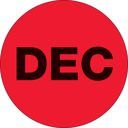 1" Circle - "DEC" (Fluorescent Red) Months of the Year Labels