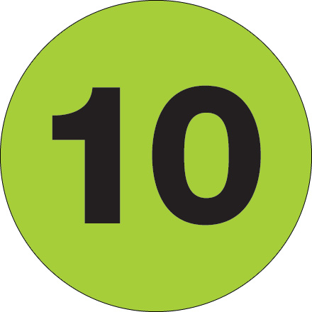 2" Circle - "10" (Fluorescent Green) Number Labels