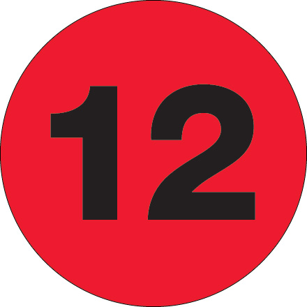 2" Circle - "12" (Fluorescent Red) Number Labels